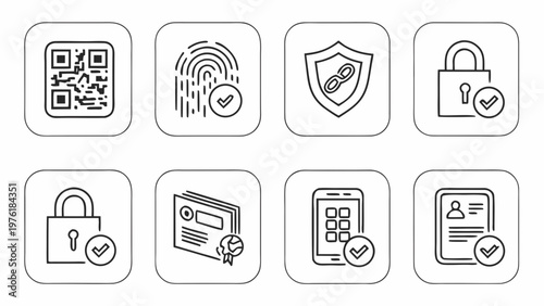 A set of security icons including QR code, fingerprint, shield, and lock symbols in a flat, minimal design style.