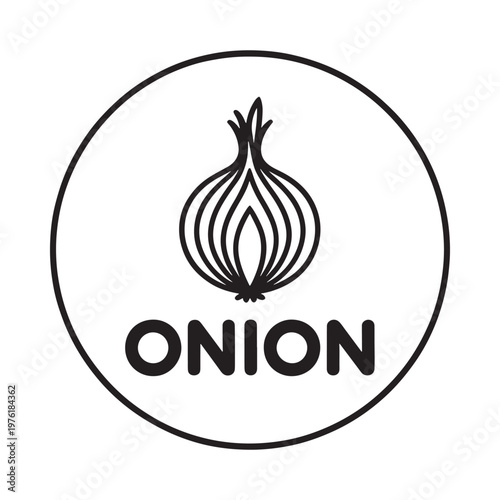 Simple black and white graphic of an onion within a circular frame
