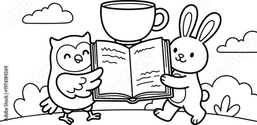Black and white line art owl and rabbit holding open book with teacup above