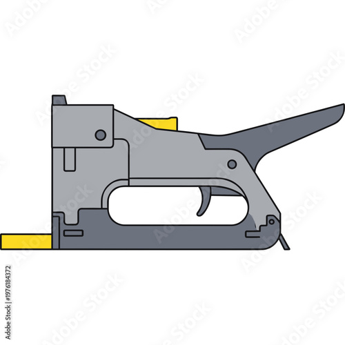 An illustration of a gray staple gun with yellow accents