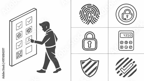 A vector graphic illustration of security and authentication icons including a person interacting with a biometric verification screen