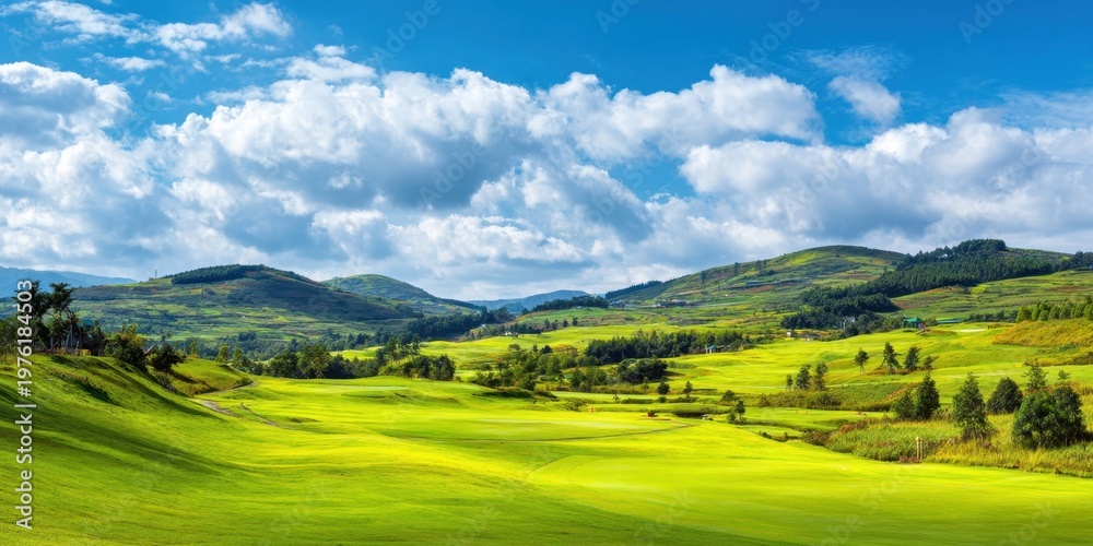 Obraz premium The Rolling Green Hills and Sunlit Countryside Under a Vast Blue Sky
