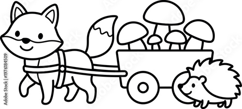 Cute fox pulling cart of mushrooms with happy hedgehog sidekick line art