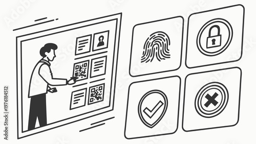 A man interacts with a digital interface featuring various security icons and QR codes in a minimalist vector graphic design