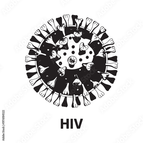 A black and white illustration depicting the structure of the hiv virus