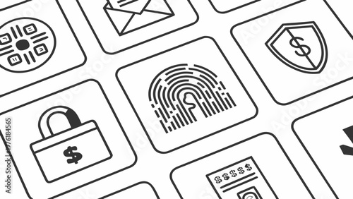 A vector graphic illustration of various security and finance icons in a flat, minimal design style