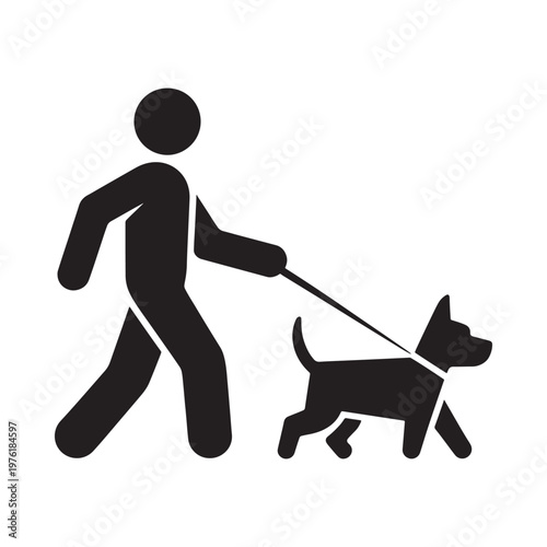 A simple black silhouette depicts a person walking their dog