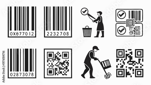 A set of vector graphic icons featuring barcodes, QR codes, and shopping-related illustrations