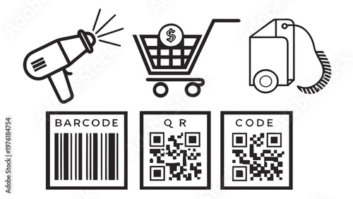 A vector graphic illustration of various shopping and payment icons, including a shopping cart, barcode, and QR code.