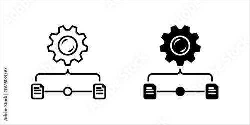 Minimal outline icon set. of gear and connected documents representing workflow automation, process management, and document organization.