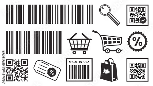 A collection of shopping icons and barcodes in a flat, minimalist design