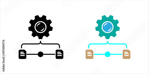 Minimal outline icon set. of gear and connected documents representing workflow automation, process management, and document organization.