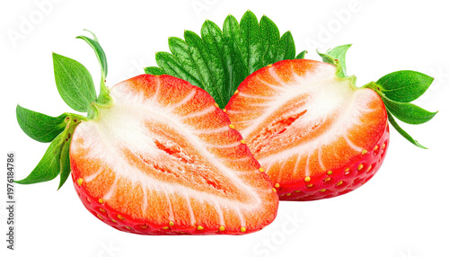 Close-up of a halved, vibrant red berry with visible seeds. It's paired with fresh green leaves on a transparent background