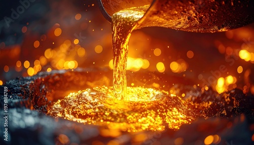 Molten gold liquid metal pouring from a ladle, creating a radiant and fiery spectacle with bright glowing highlights and a shimmering texture.