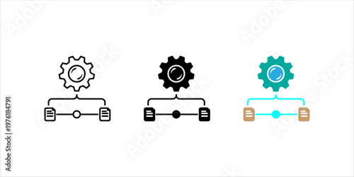 Minimal outline icon set. of gear and connected documents representing workflow automation, process management, and document organization.