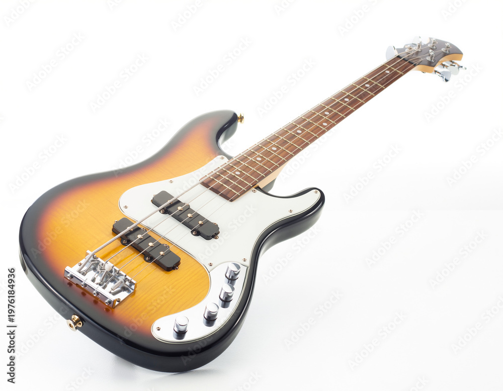 Fototapeta premium Electric bass guitar with a sunburst finish, a classic instrument for music production and performance