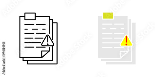 Minimal outline icon set. of stacked documents with warning symbol representing file issues, document alert, report errors, and administrative review