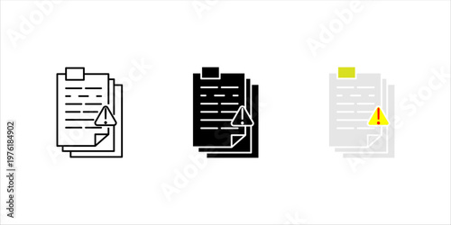 Minimal outline icon set. of stacked documents with warning symbol representing file issues, document alert, report errors, and administrative review