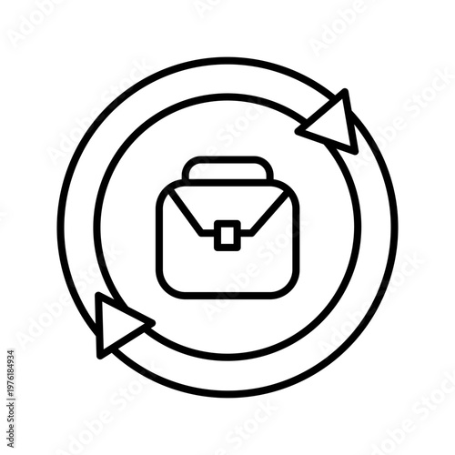 Line icon of briefcase surrounded by circular arrows representing business workflow, process cycle, task management, and continuous operations.