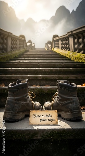 Hiking boots on stairs leading to misty mountains.