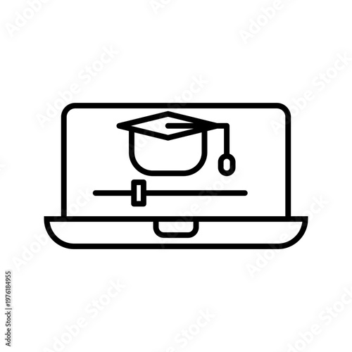 Outline icon illustration of laptop with graduation cap representing online courses, digital education, e-learning, and academic achievement.