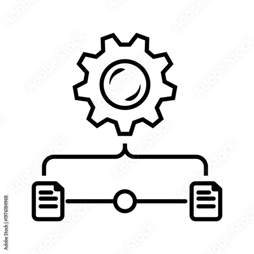 Minimal outline icon of gear and connected documents representing workflow automation, process management, and document organization.