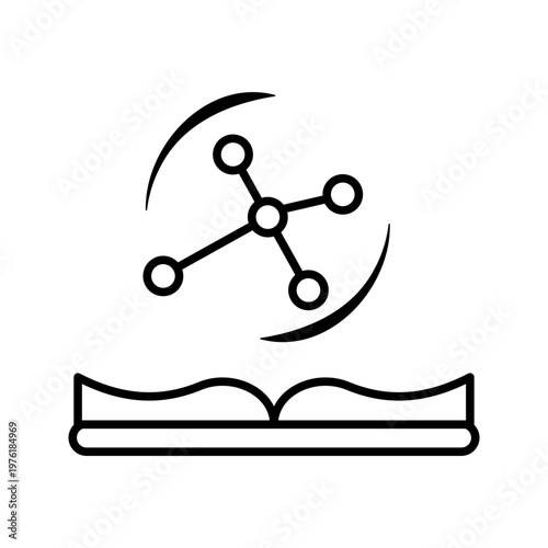 Outline icon illustration of open book with connected nodes representing digital learning, online education, and knowledge sharing.