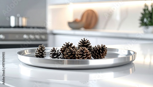 Natural Pinecones Arranged on a Gleaming Stainless Steel Tray in a Modern Kitchen Setting