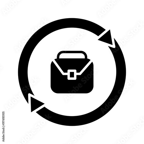 Line icon of briefcase surrounded by circular arrows representing business workflow, process cycle, task management, and continuous operations.