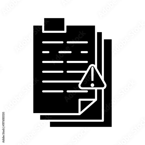 Minimal outline icon of stacked documents with warning symbol representing file issues, document alert, report errors, and administrative review