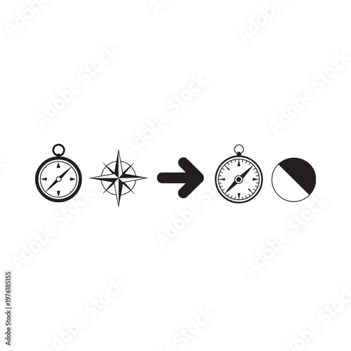 Black and white icons depicting a compass star arrow and moon phase