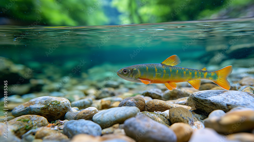 Fototapeta premium Freshwater fish swimming in clear river with sunlight and stones, underwater nature scene for ecology, wildlife and environmental conservation