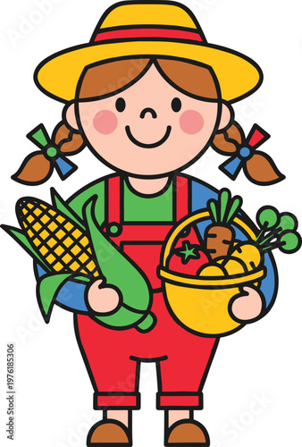 Cute girl farmer holding corn and vegetables basket, organic agriculture cartoon illustration harvest concept design