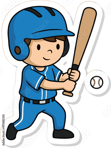 Cute boy playing baseball with bat and helmet, sports activity cartoon illustration kids game concept