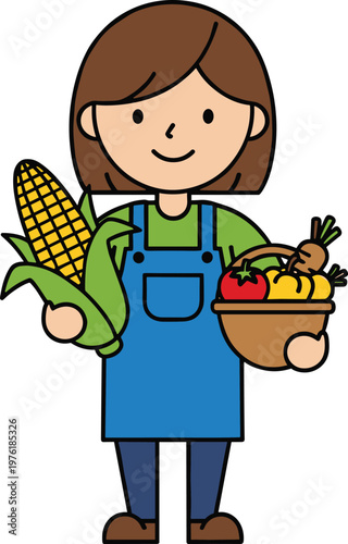 Cute girl farmer holding fresh corn and vegetables basket, organic agriculture cartoon illustration harvest concept