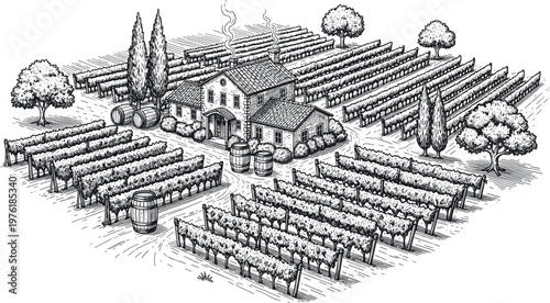Vineyard Farm Isometric Line Art Winery House Grapevines Fields Agriculture Countryside Vector Illustration