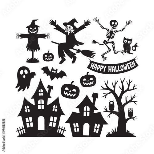 Festive halloween illustrations featuring ghosts pumpkins witches and spooky houses