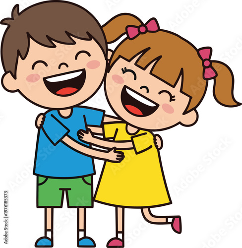 Happy kids hugging each other, friendship love children cartoon illustration emotional bonding care concept design