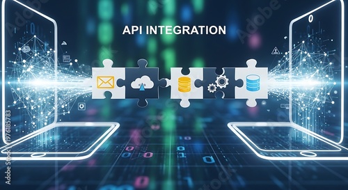 API integration concept with connected systems data exchange cloud services and software communication between applications in digital technology environment.