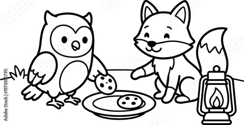 Line art owl and fox sharing cookies with lantern illustration