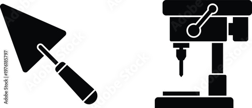 Vector graphic illustration of a trowel and drill press in black and white design