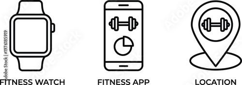 Vector graphic illustration of fitness watch, app, and location icons for workout tracking and navigation purposes with mobile device
