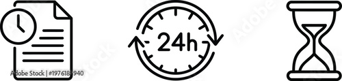 Vector graphic illustration of three time related icons showing a document with clock, a 24 hour clock with arrows, and an hourglass on a white background