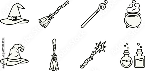 Minimalist Witchcraft and Magic Tool Icons Vector Set.