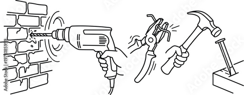 Vector illustration of hands holding a drill driving screw into brick wall and adjustable wrench turning bolt next to hand with hammer hitting nail
