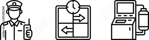 Vector graphic illustration of service worker with radio, schedule calendar with clock and arrows, and fuel pump station in black lines on white background