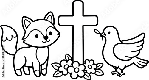 Black and white line art fox dove cross with flowers illustration