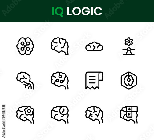IQ logic icon set. Professional simple IQ logic modern line icon pack, intelligence symbols, brain training visuals, logical thinking elements, clean cognitive icon system