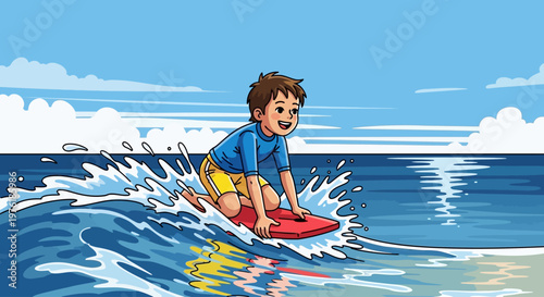 Boy Riding Surfboard on Ocean Wave.
