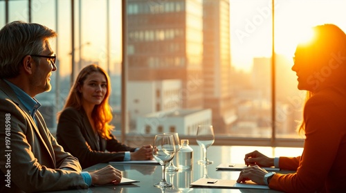 business people conference group meeting on city office building in background showing partnership success of business deal